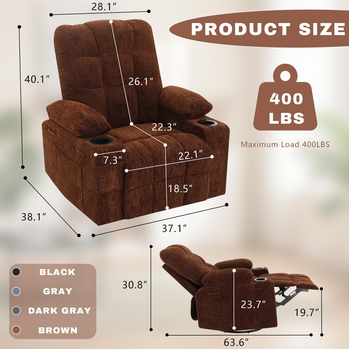 Swivel Rocker Recliner Chair,Recliner Single Sofa with Cup Holders, Manual Nursery Rocking Chair with Side Pockets, Modern Upholstered Recliner for Living Room,Apartment,Home Theater(Black)
