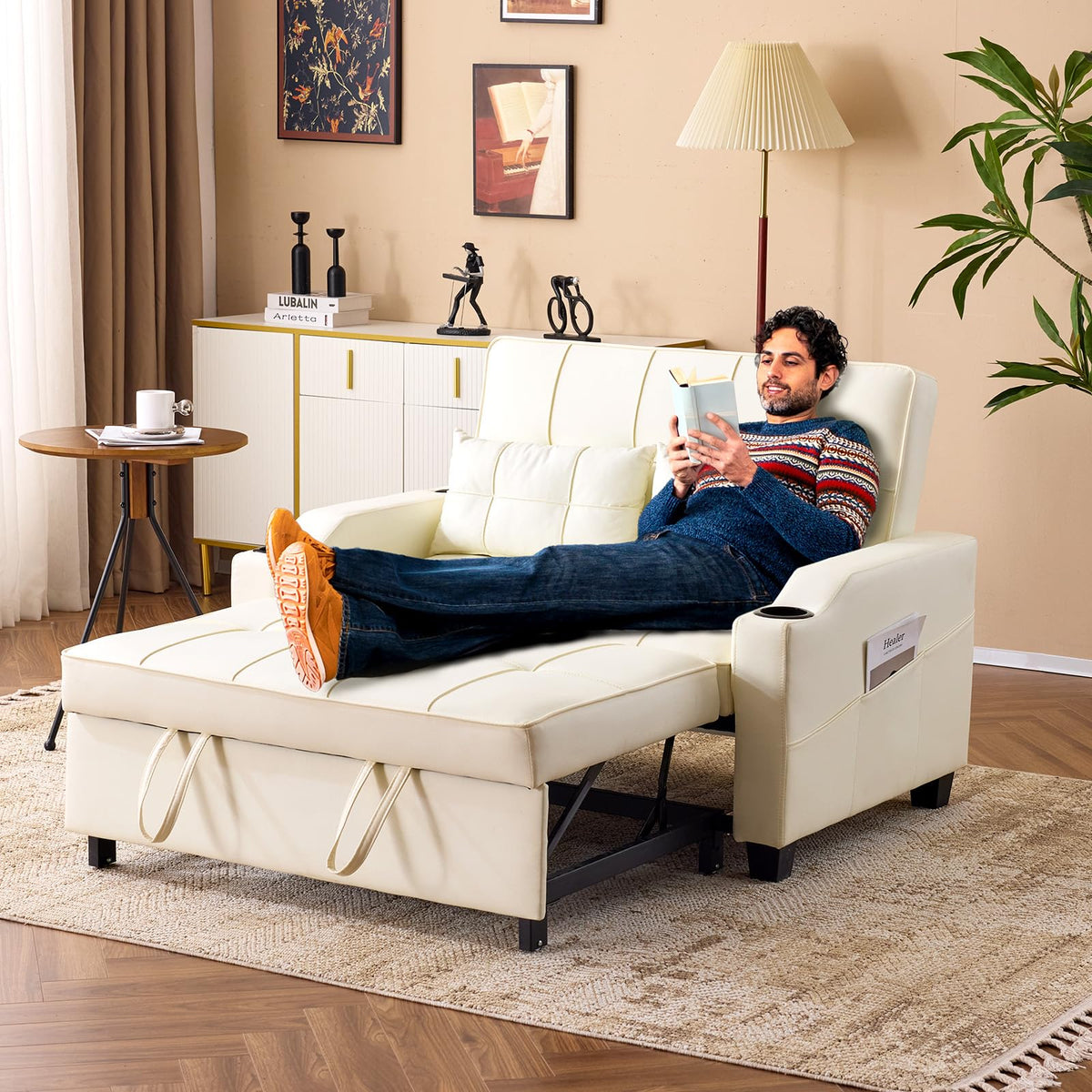 VINGLI Light Grey Futon Sofa Bed Convertible Loveseat Sleeper Couch, Faux Leather Pullout Sofa Fold Out Couch Bed with USB Ports, Cup Holders, Armrest for Living Room, Bedroom Apartment Room
