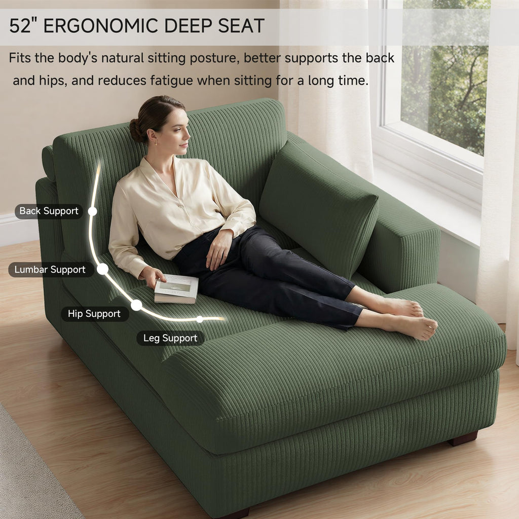 Oversized Corduroy Chaise Lounge Chair with Right Armrest & Cushion, Comfy Upholstered Sleeper Sofa Indoor Recliner Seat Solid Wood Couch w/Washable Cover for Bedroom, Living Room - Orange
