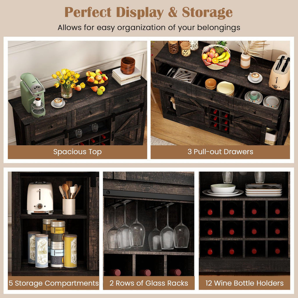GIANTEX Wine Bar Cabinet with LED Lights, 52" Buffet Sideboard w/Sliding Barn Door, 3 Drawer, Adjustable Shelf, 12 Bottle Wine Rack & Glass Holder, Farmhouse Coffee Station for Living Room