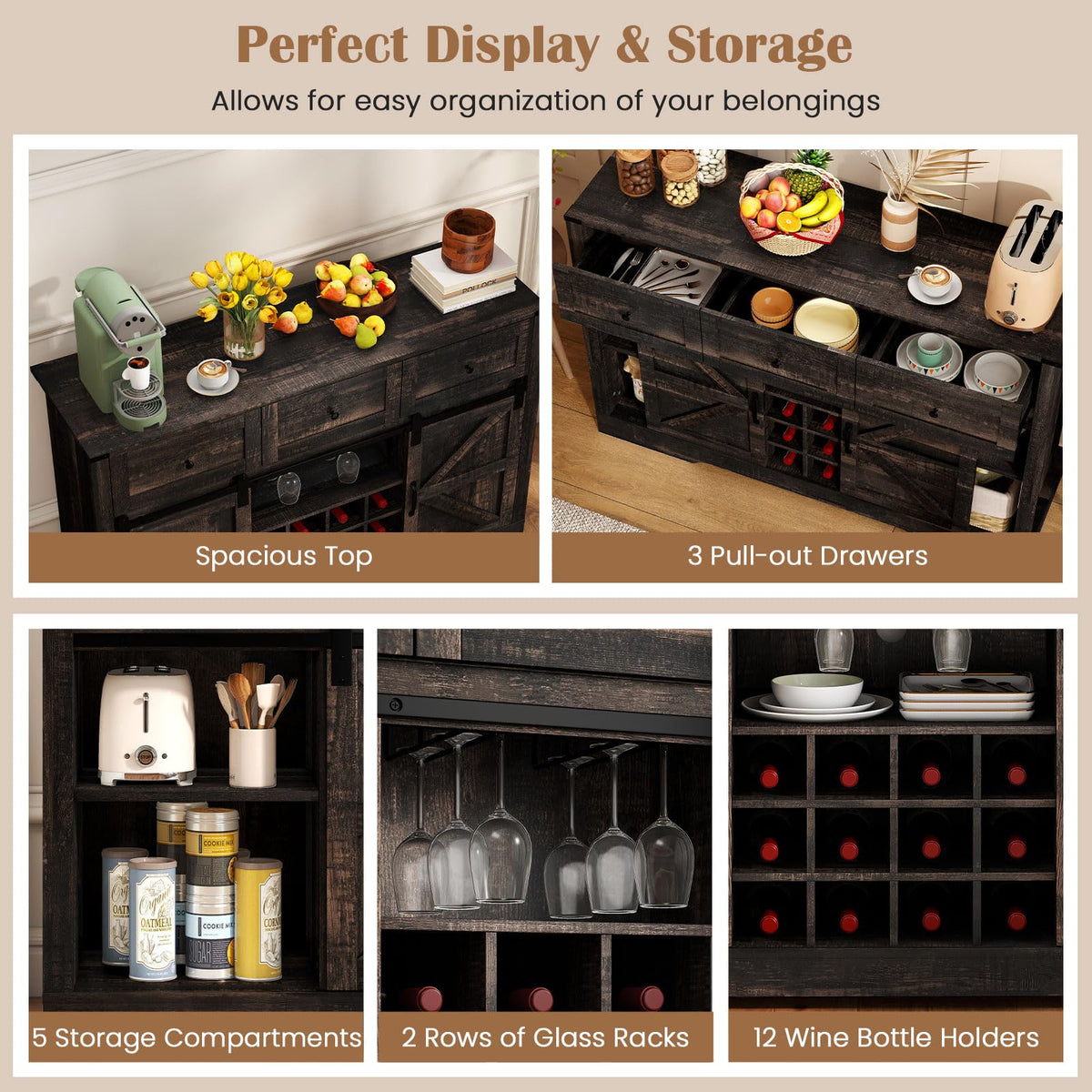 GIANTEX Wine Bar Cabinet with LED Lights, 52" Buffet Sideboard w/Sliding Barn Door, 3 Drawer, Adjustable Shelf, 12 Bottle Wine Rack & Glass Holder, Farmhouse Coffee Station for Living Room