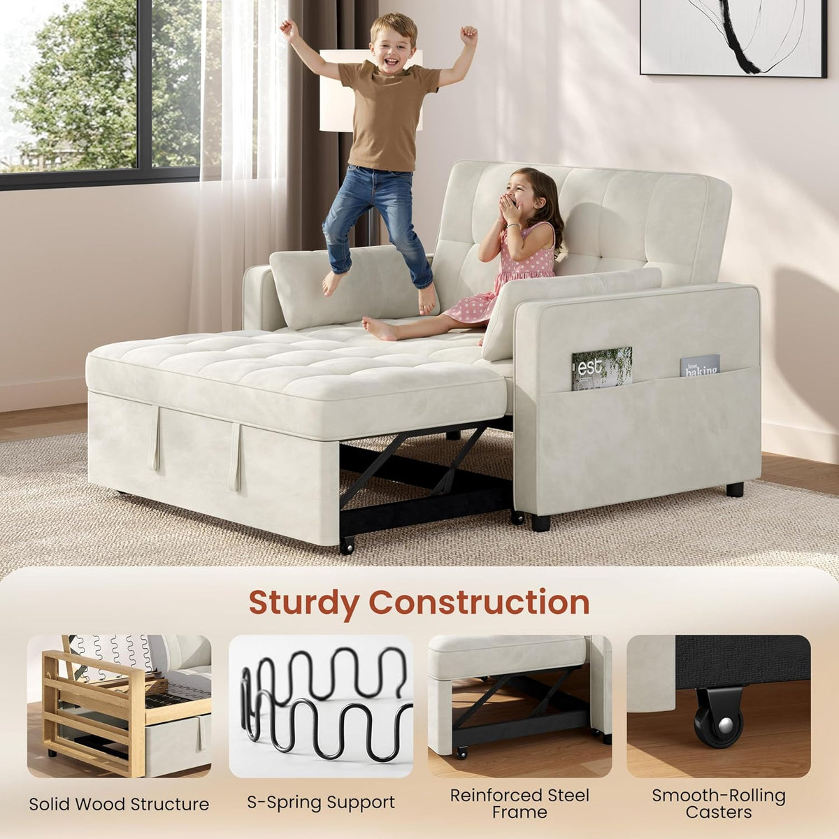 Yaheetech 3 in 1 Sofa Bed Convertible Sleeper Sofa with USB Ports, Beige