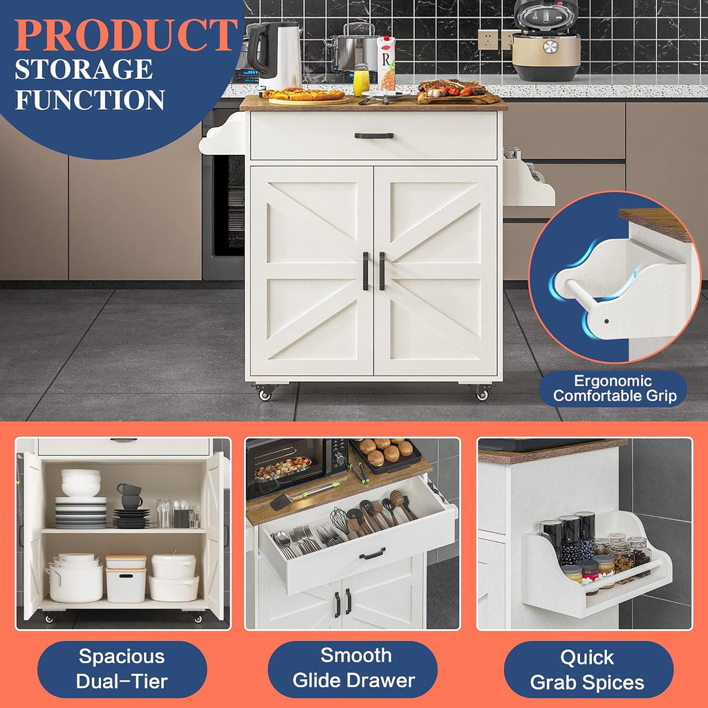 Wooden Kitchen Island on Wheels, Kitchen Storage Island with Spice Rack and Drawer, Rolling Kitchen Table with Towel Rack, Portable Islands on Wheels, for Home, Dining Room, 42" Wide White