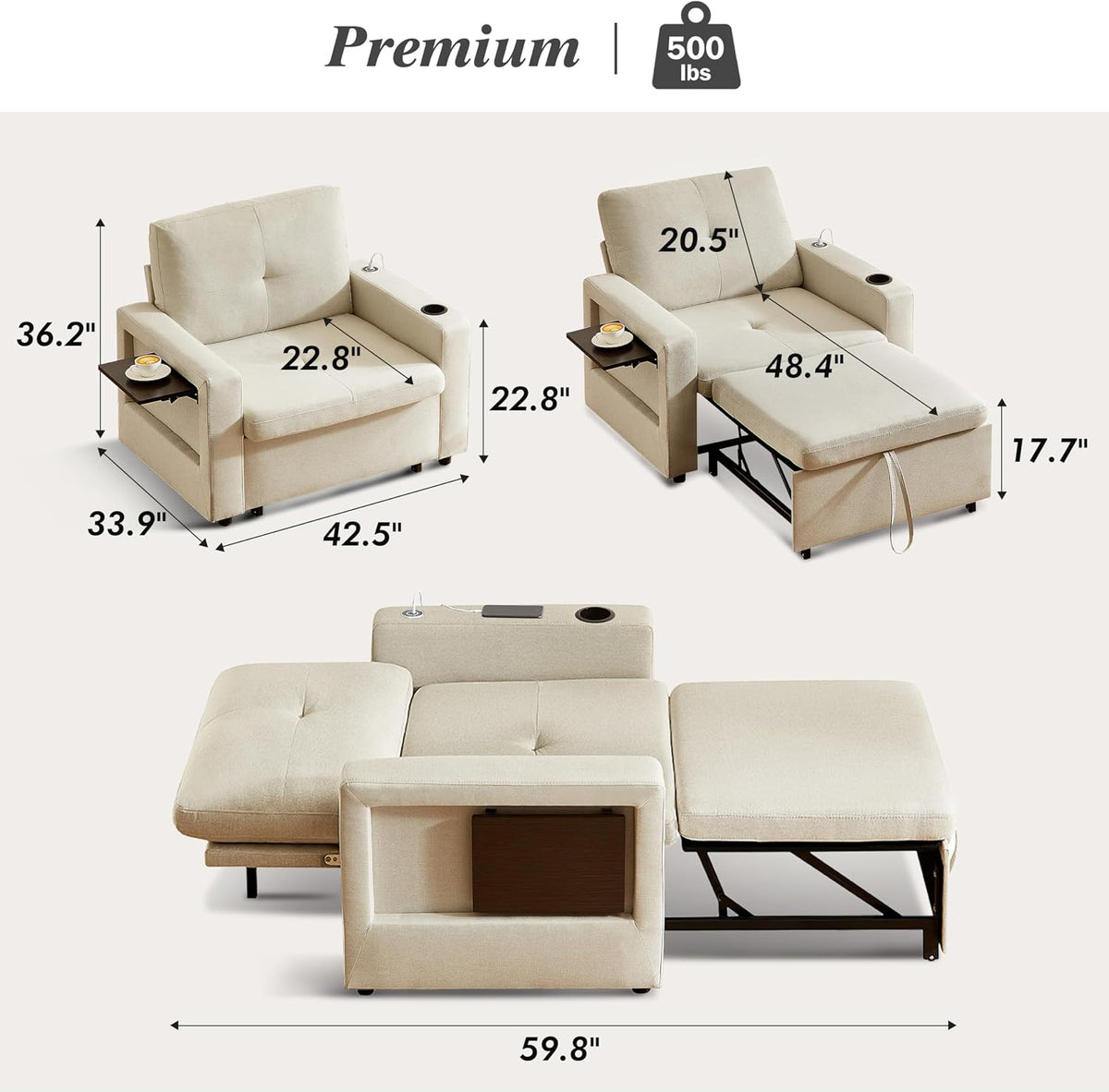 WEUP 3-in-1 Sleeper Sofa Chair Bed, 42.5" W Convertible Sleeper Chair with Pull Out Bed, USB Charging Ports & Wing Table, Cup Holder, Adjustable Backrest, Side Pockets (Premium, Beige)