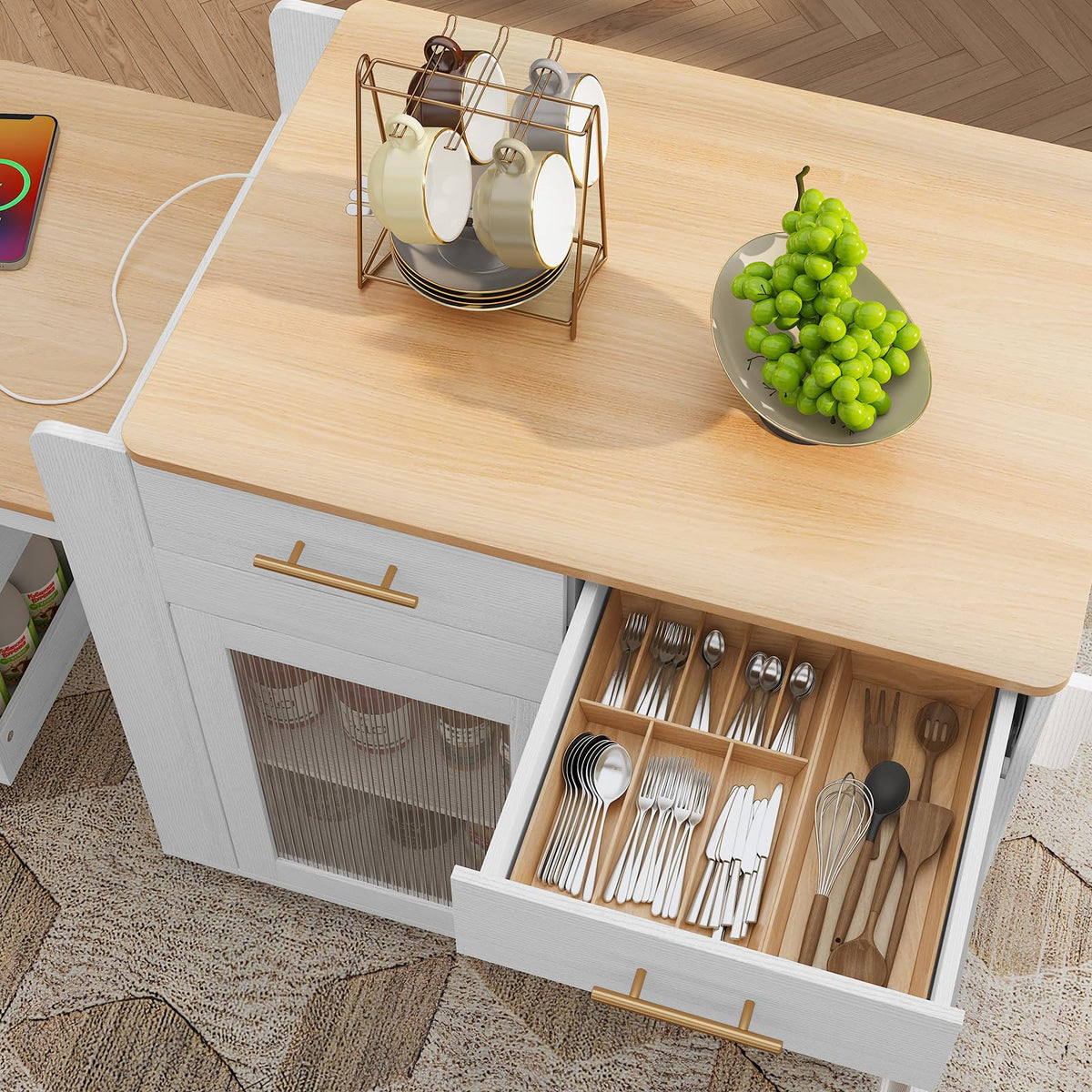 HLR 72" Extendable Rolling Kitchen Island with Storage, Island Table on Wheels with Marble Grain Countertop & Power Outlet, Portable Island Cart with Cabinets, Drawers and Shelves, Wood