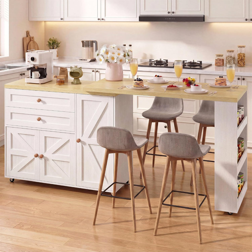 IRONCK Rolling Kitchen Island with 360Â° Swivel Table and Storage, White