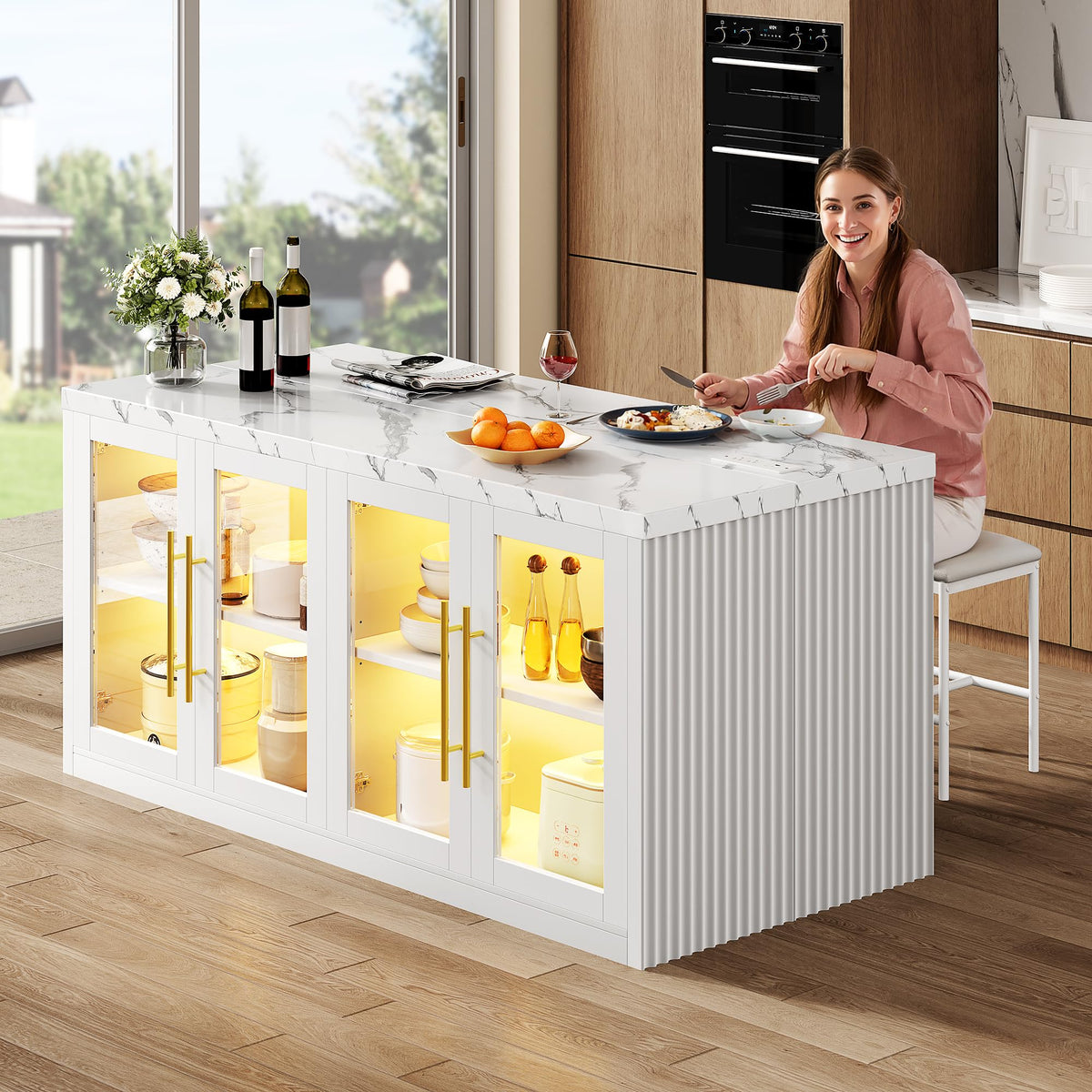 Kitchen Island with Storage, 55" Large Island Table with LED Light