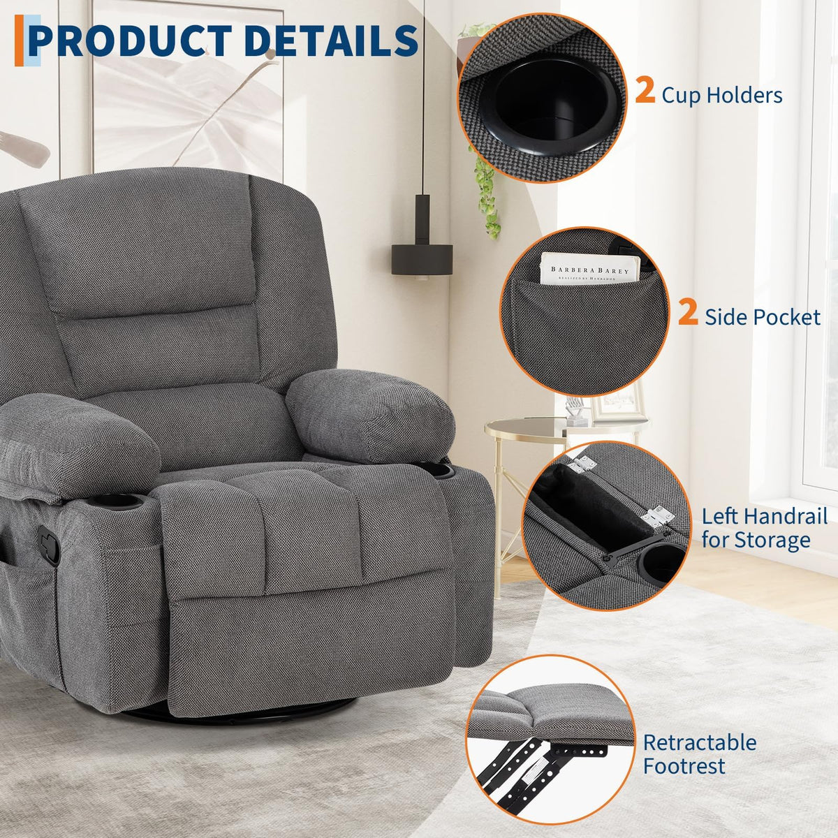 Garvee Oversized Recliner Chair,Extra Wide 360Â° Swivel Rocker Massage Heat