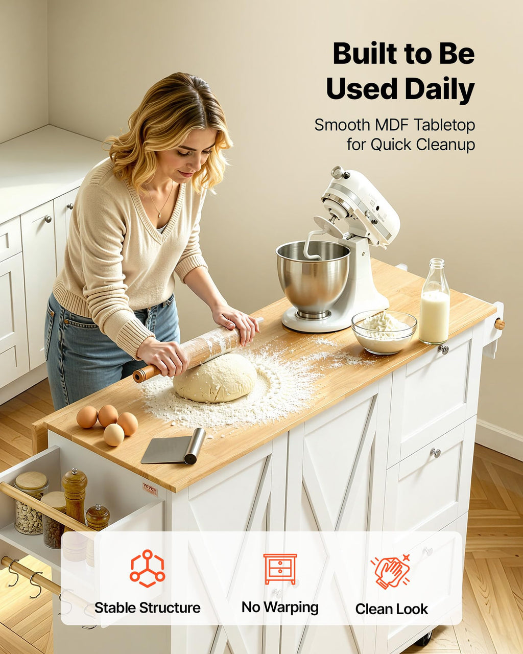 VEVOR Kitchen Island Cart with Storage, 47.64 in Wide Mobile Rolling Storage Island on Swivel Wheels, with 2 Drawers, Storage Cabinet, Drop Leaf, Towel Rack, Table for Home Dining Room, White