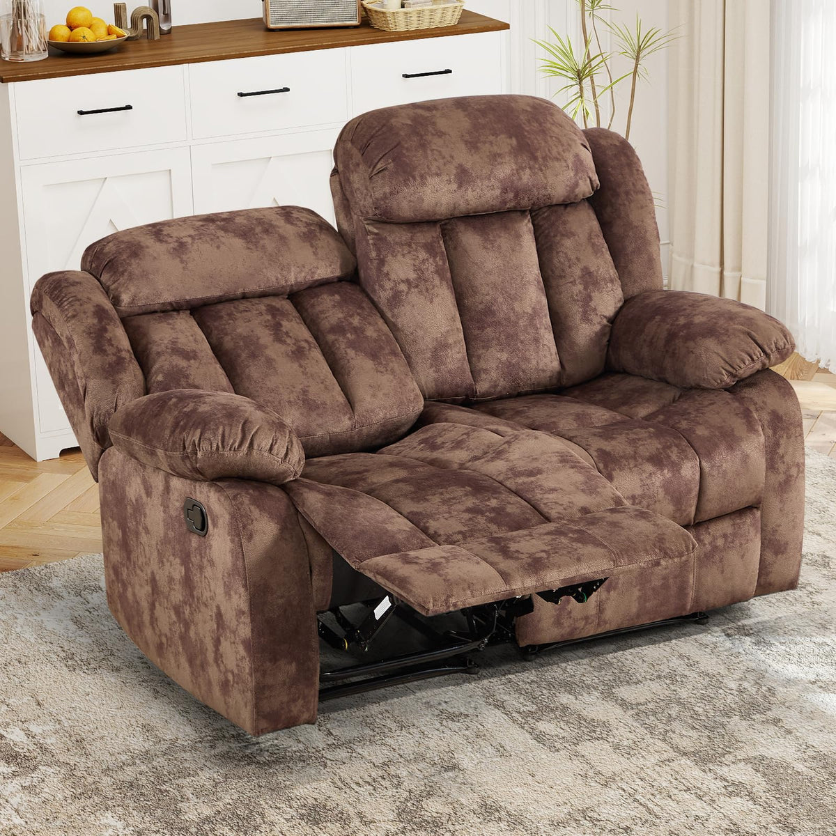 INZOY Manual Recliner Chair with Padded Armrest, Wall-Hugger Single Sofa Recliners with Overstuffed Back, Classical Fabric Reclining Chairs for Living Room Theater Seating, Brown
