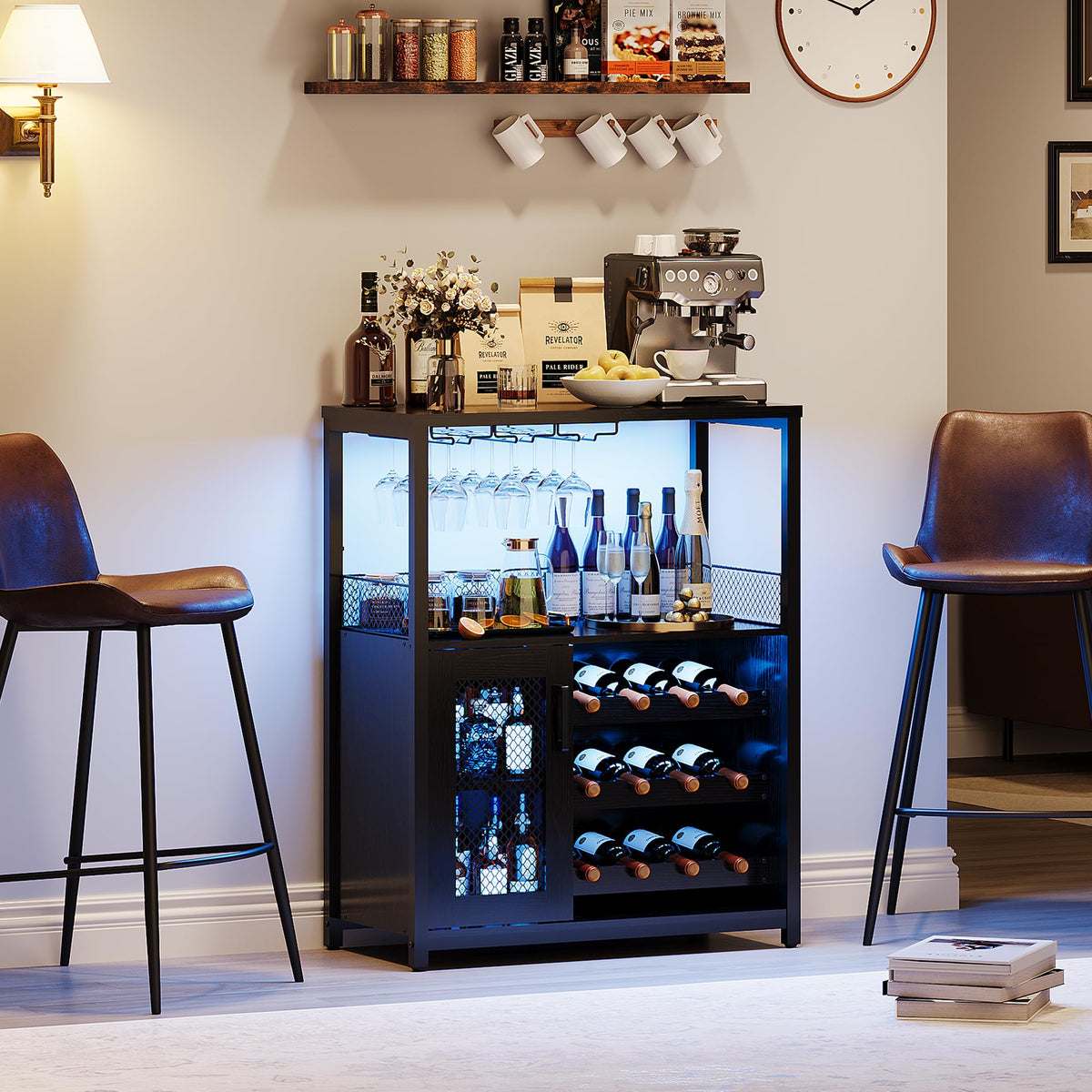 Wine Bar Cabinet, 3-Tier Detachable Wine Rack, Stemware Glass Holder, Mesh Door & Storage Shelves, Liquor Storage Buffet Sideboard for Kitchen, Dining Room, Living Room or Home Bar - Black