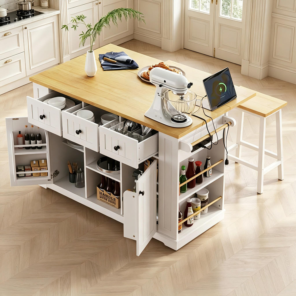 53" Large Kitchen Island with Drop Leaf & Power Outlet, Rolling Kitchen Cart on 5 Wheels with Internal Door Storage Rack, 5 Open Side Racks, 3 Drawers, 2 Doors for Kitchen Dining Room