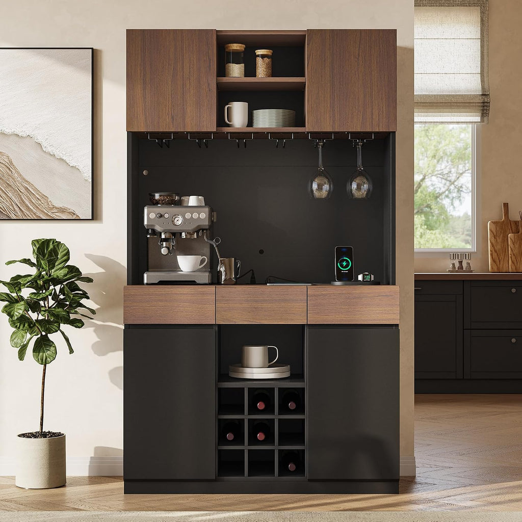 ModernMate 71" Wine Bar Cabinet with LED Lights, Modern Kitchen Pantry Hutch Cabinet with Storage, Black Home Coffee Bar with 3 Drawers, Wine Rack, Glass Holders for Dining Room, Kitchen
