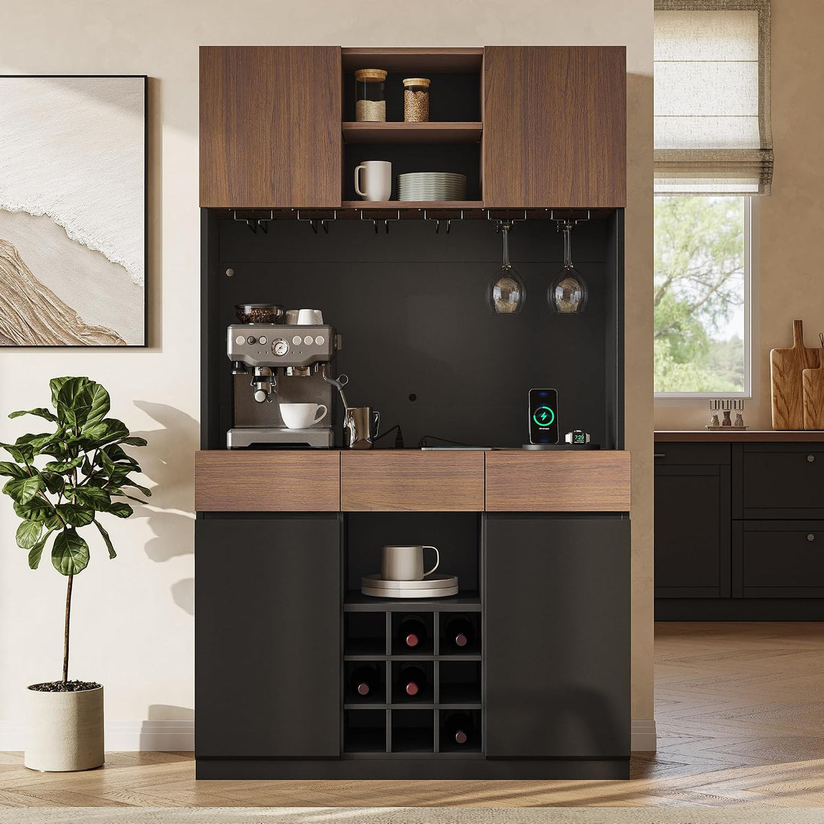 ModernMate 71" Wine Bar Cabinet with LED Lights, Modern Kitchen Pantry Hutch Cabinet with Storage, Black Home Coffee Bar with 3 Drawers, Wine Rack, Glass Holders for Dining Room, Kitchen