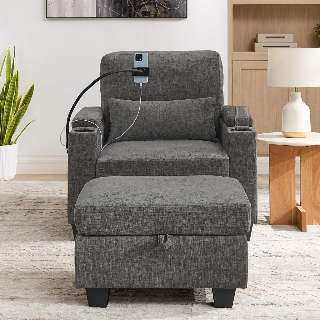 Oversized Chaise Lounge Chair Indoor, Single Convertible Recliner Reading Arm Sofa Chair W/Adjustable Backrest & Charging Port Couch Bed for Living Room, Home Theater & Bedroom, Brown