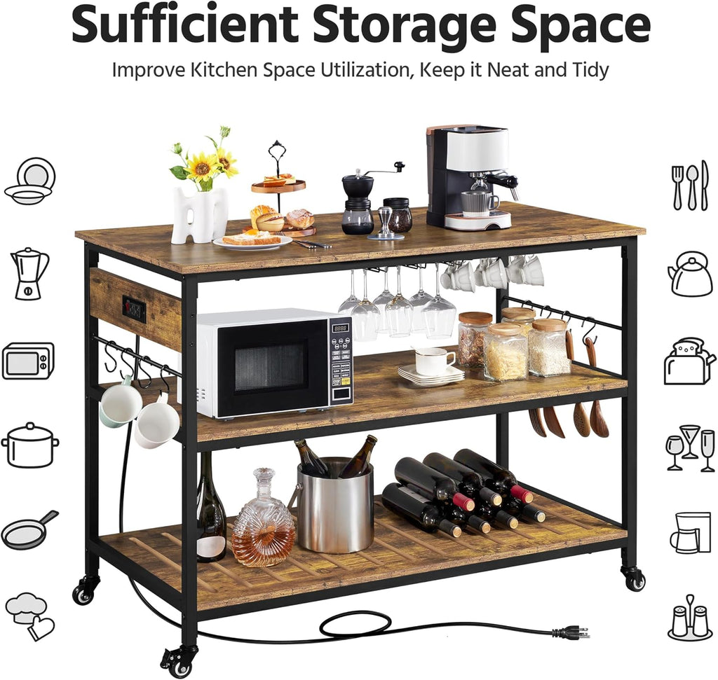 Yaheetech 47.5 Inches Kitchen Island with Storage, 3 Shelves, Rustic Brown