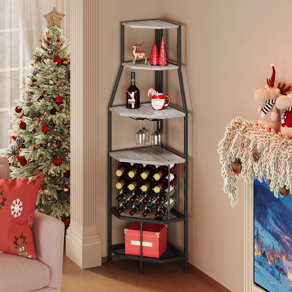 5-Tier Corner Wine Rack with Glass Holder, Floorstanding Wine Storage
