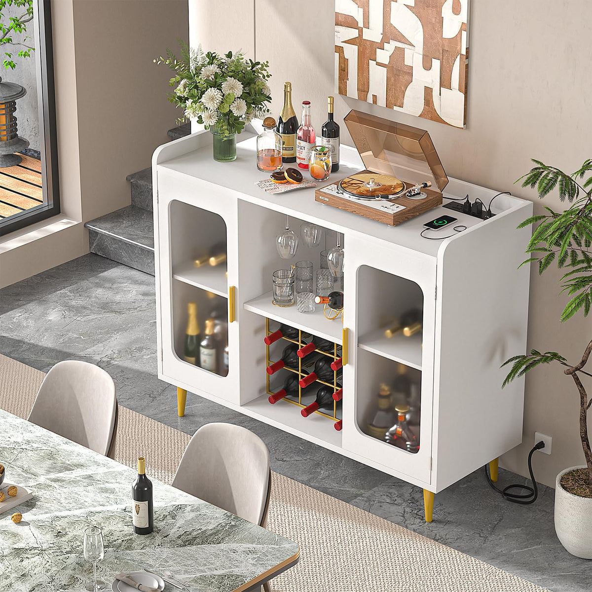 iSunirm Wine Bar Cabinet with Power Outlet & LED Light, Black Oak