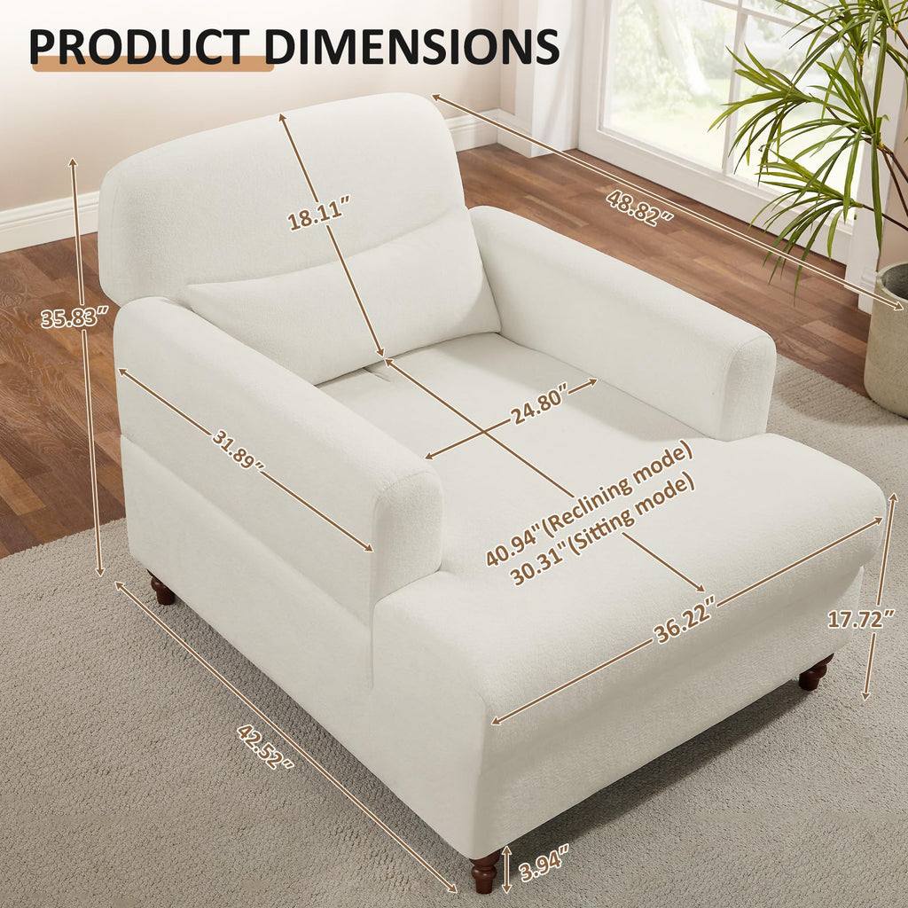 Oversized Chaise Lounge Chair with Adjustable Backrest, Polyester White