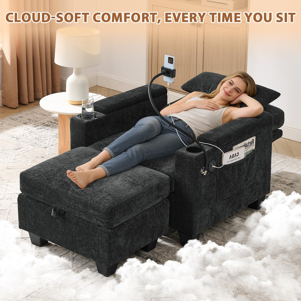 Oversized Chaise Lounge Chair Indoor, Single Convertible Recliner Reading Arm Sofa Chair W/Adjustable Backrest & Charging Port Couch Bed for Living Room, Home Theater & Bedroom, Brown