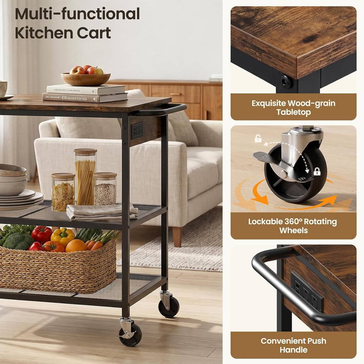 Rolling Kitchen Island with Storage, 3 Tier Kitchen Island Cart with Wheels,Wood Large Worktop, Storage Shelves, Lockable Casters, Power Outlet, Push Handle for Kitchen Dining Room