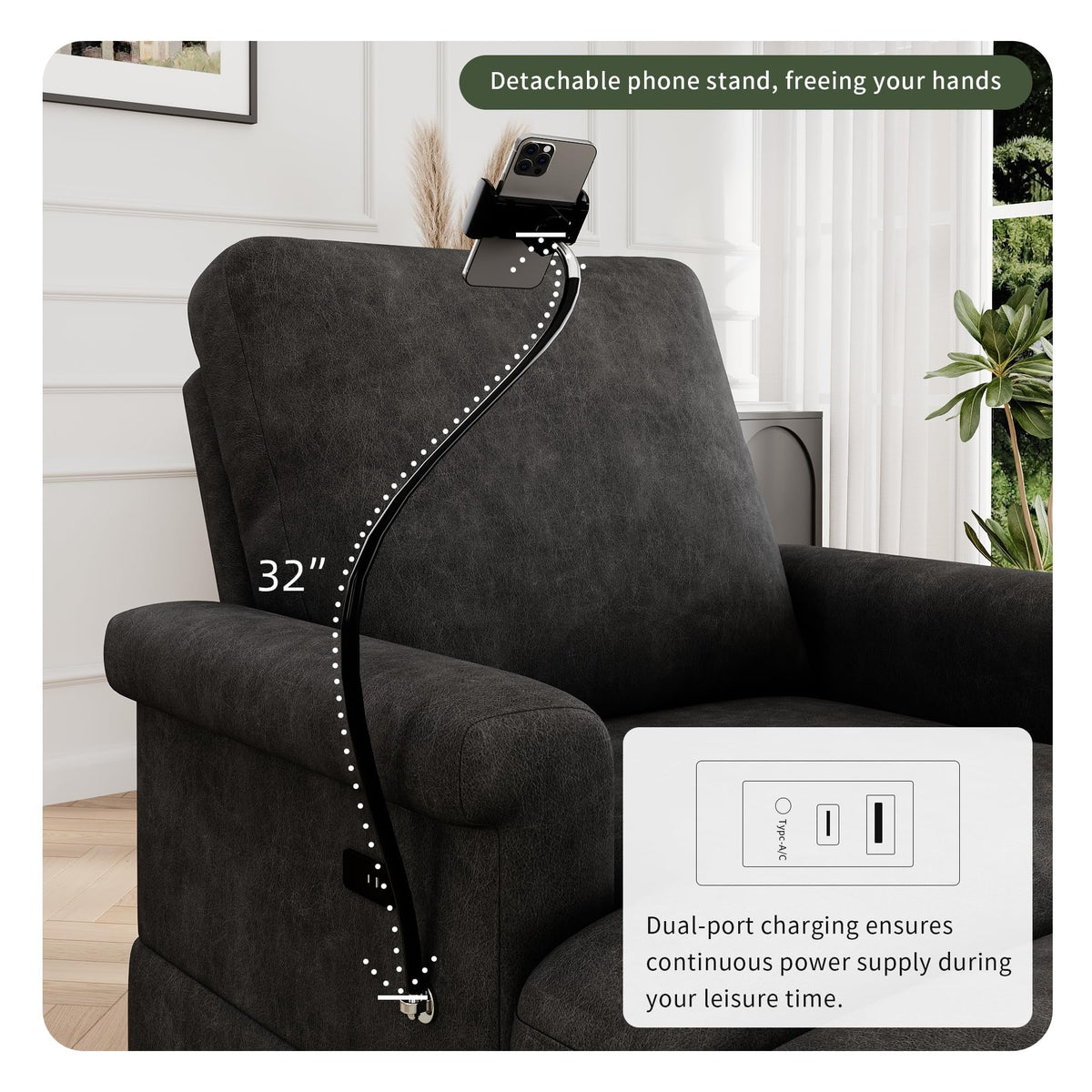 EJUNQ 66.5" Oversized Chaise Lounge Chair Indoorï¼Cozy Sofa Bed with Phone Holder and USB Chargerï¼Upholstered Deep Seat Sleeper Sofa Bedï¼Comfy Single Sofa Armchair for Living Room, Grey
