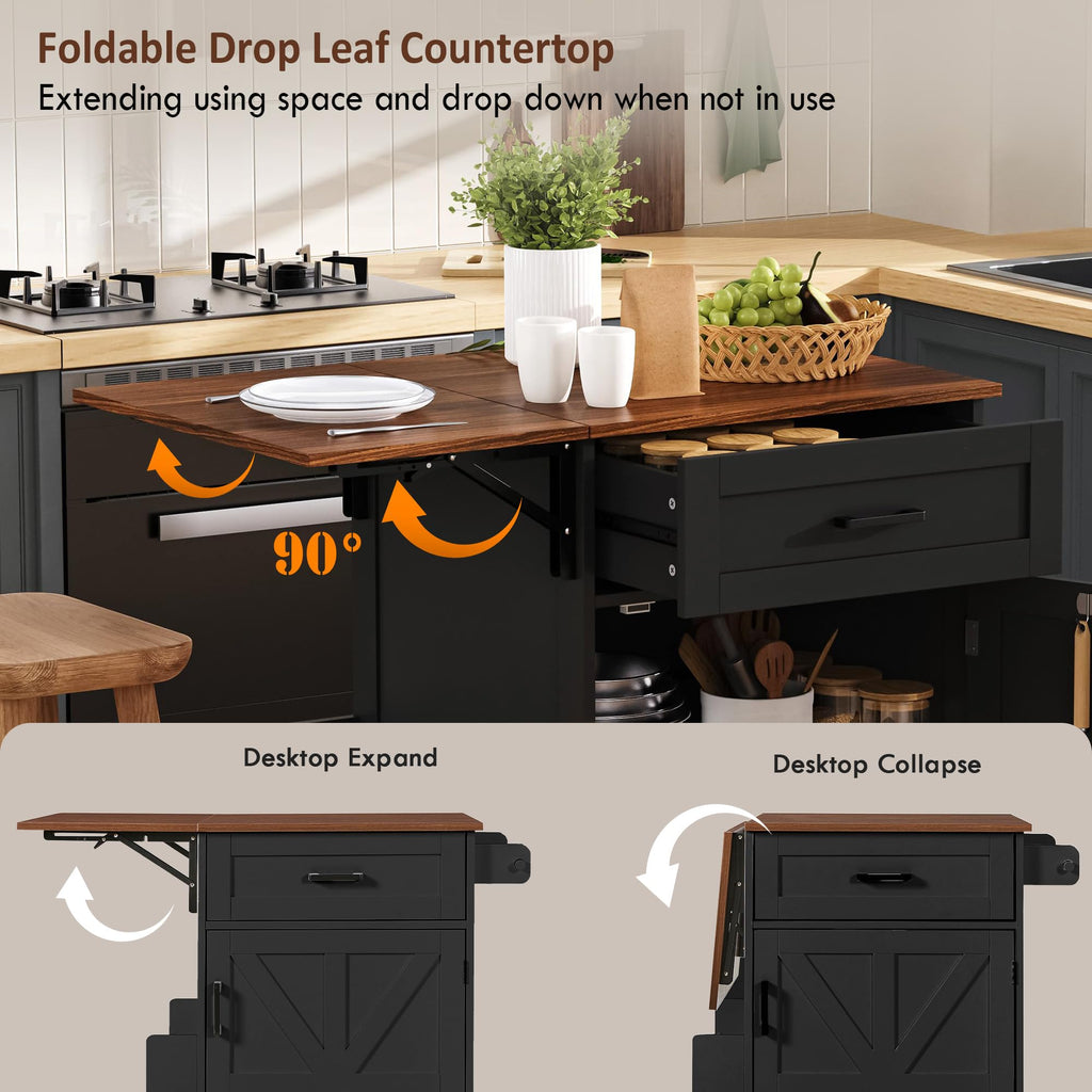 39.3"Farmhouse Kitchen Island with Open Side Rack and Drop Leaf and,Small Kitchen Rolling Cart with Drawer and Storage Cabinet, Narrow Mobile Dining Table with Lockable Wheels and Towel Rack White