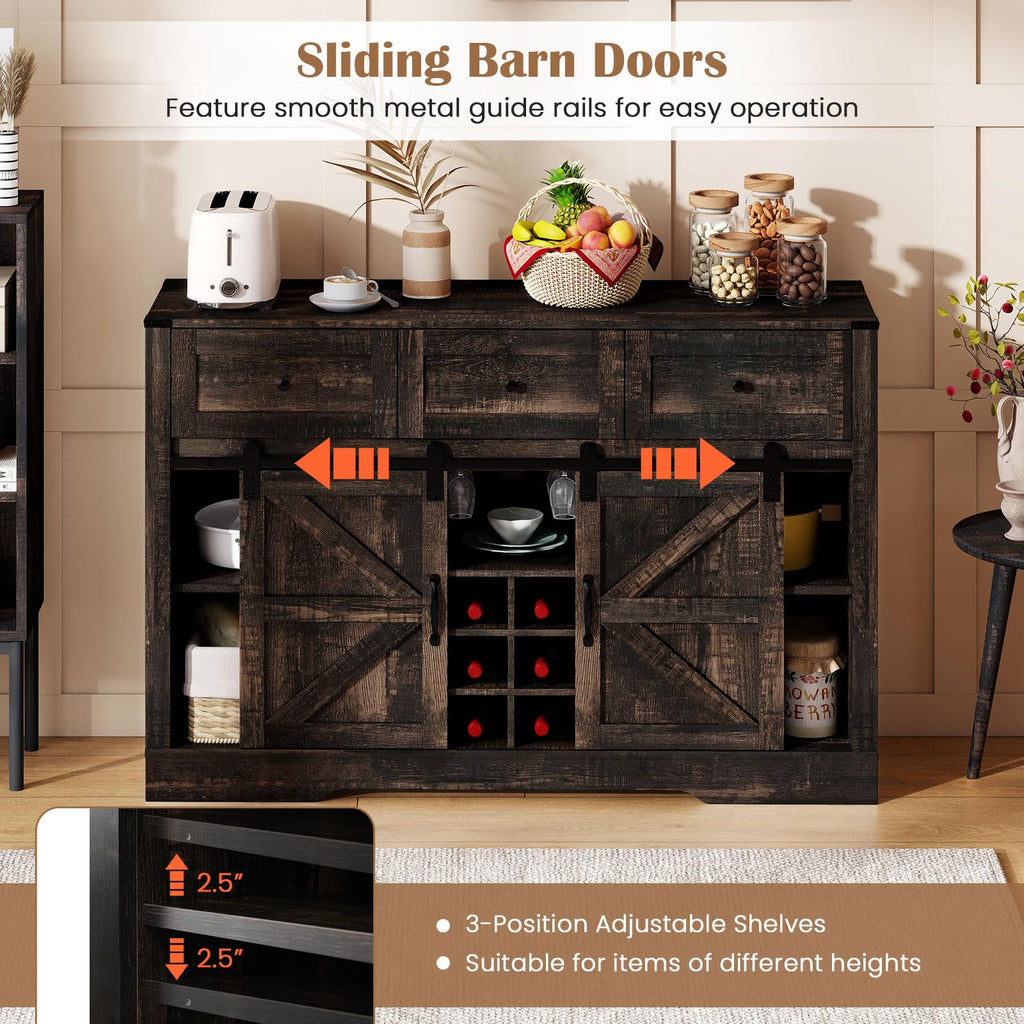 GIANTEX Wine Bar Cabinet with LED Lights, 52" Buffet Sideboard w/Sliding Barn Door, 3 Drawer, Adjustable Shelf, 12 Bottle Wine Rack & Glass Holder, Farmhouse Coffee Station for Living Room