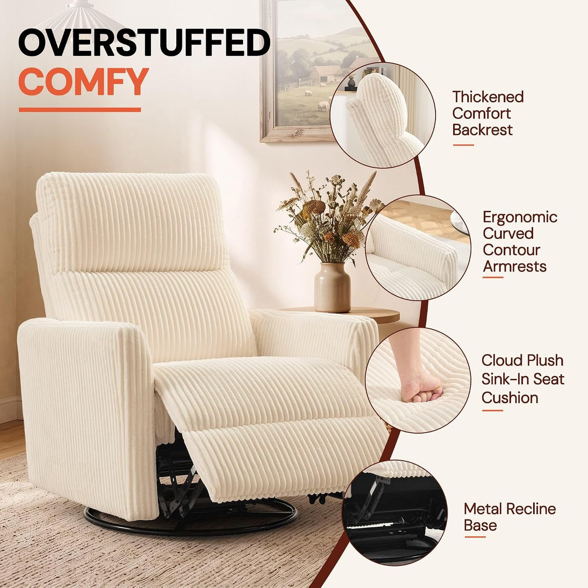 Korser 360Â° Swivel Glider Rocker Manual Recliner, High Back Corduroy Recliner with Curved Armrests, Beige Nursery Rocking Reclining Chair for Living Room Bedroom Adults