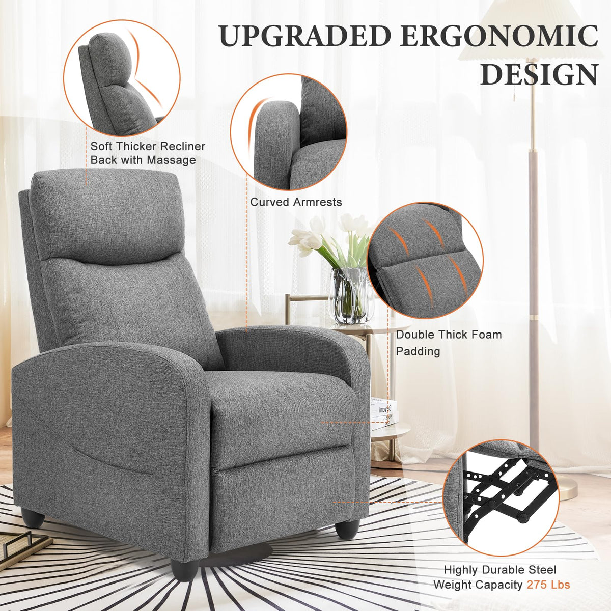 OLIXIS Recliner Chair, Reclining Sofa Chair with 3 Adjustable Angles