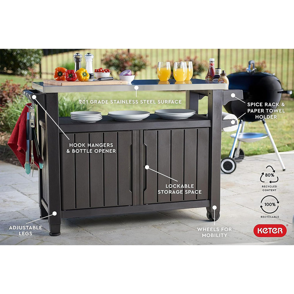 Keter Unity XL Portable Outdoor Table with Stainless Steel Top for Kitchen Prep and Outdoor Storage Cabinet for Grilling Accessories, Dark Grey