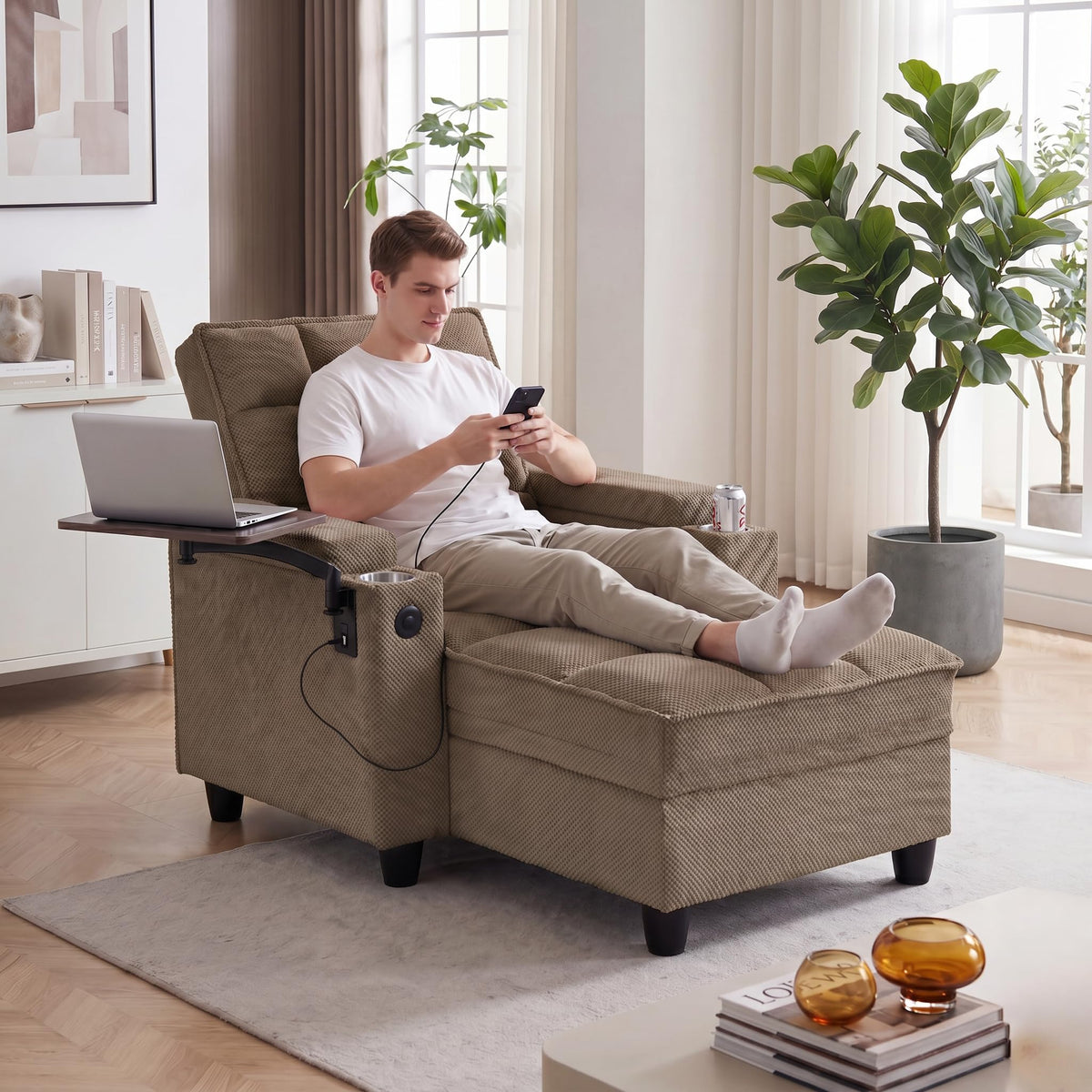 Convertible Sleeper Chair, Pull Out Sofa Bed with Adjustable Backrest & Hidden Storage Armrest, Single Sofa Recliner with USB Charging Port & Cup Holders for Living Room, Bedroom, Dark Gray