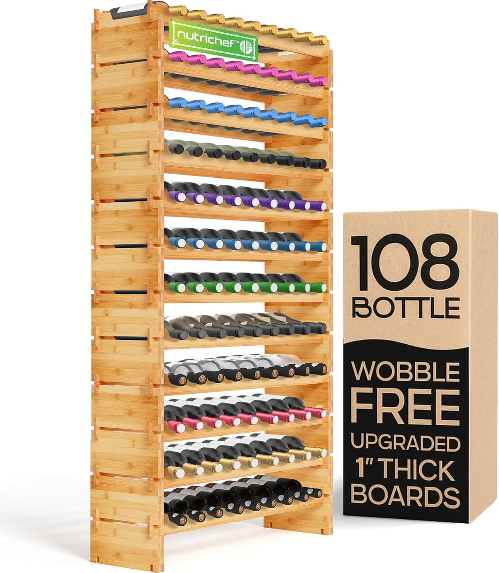 NutriChef 108 Bottle Stackable Modular Wine Rack, Upgraded 1â Thick Sideboard, .5â Rack Sticks, Sturdy Wobble Free Natural Bamboo Construction, Protective Moisture Resistant Finish, 33.5" x 10" x 63"