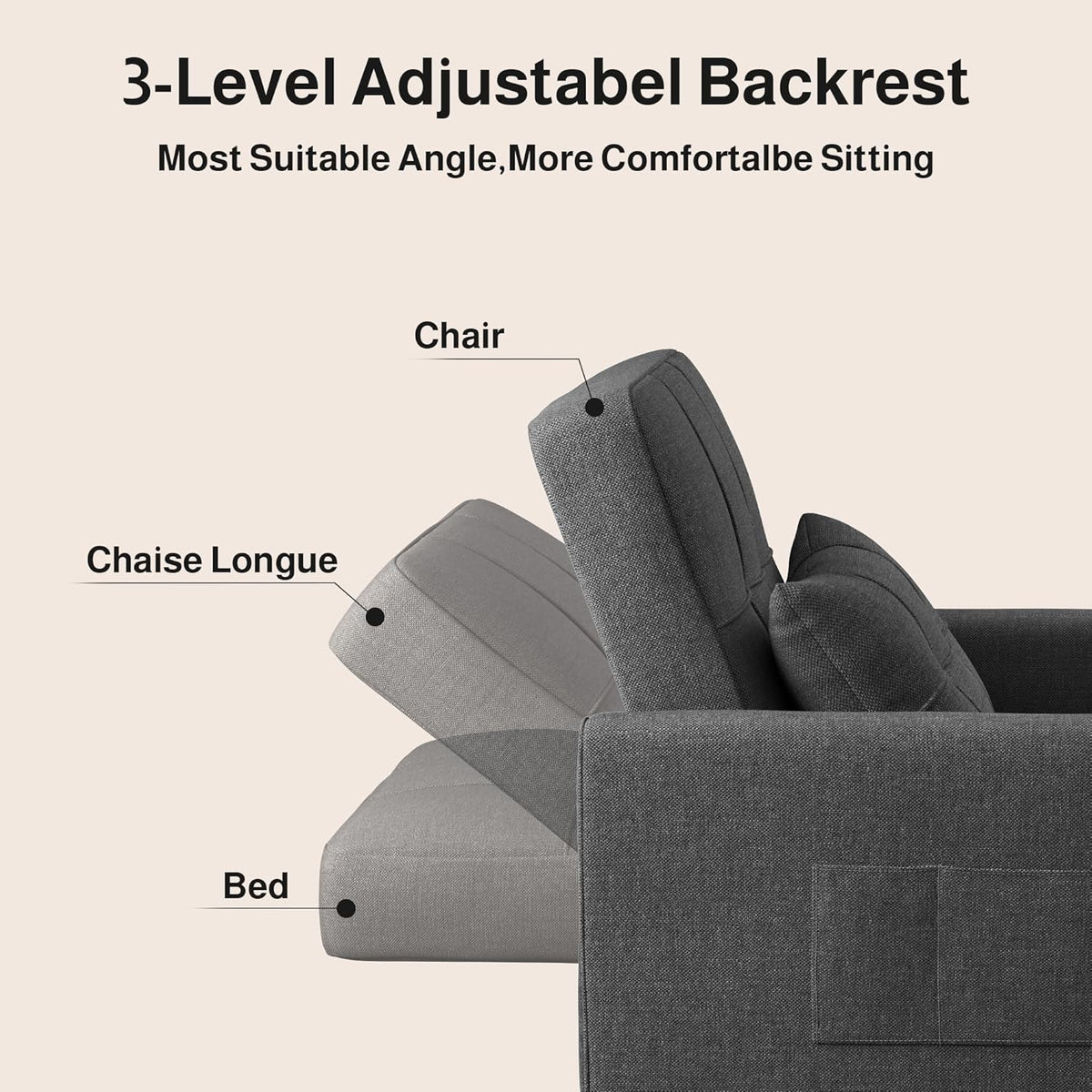 Ahomly Convertible Sofa Chair Bed, 3-in-1 Linen Pull Out Chair, Dark Gray