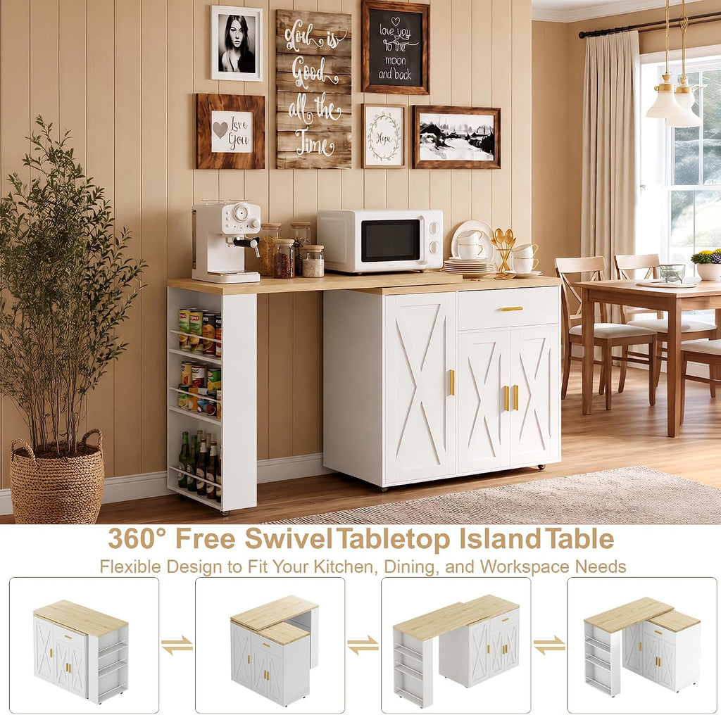 DreamDashio Kitchen Island with Storage, Rolling Kitchen Island with Swivel Table, Drawers & Shelves, Mobile Kitchen Island Cart with 360Â° Swivel Extendable Dining Table for Kitchen, Dining Room