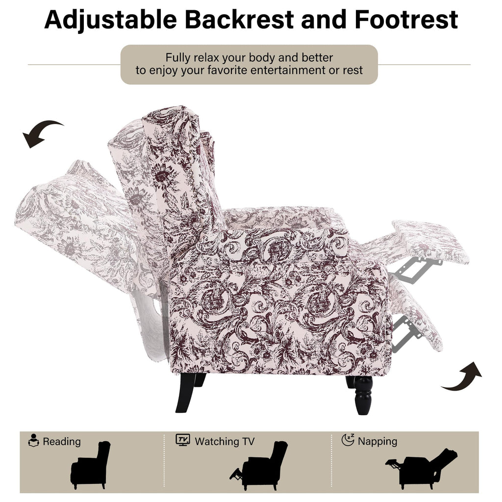 Wingback Floral Pushback Recliner Chair, Plants Beige, Set of 2