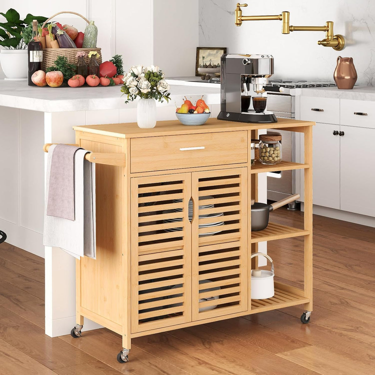 GIANTEX Bamboo Kitchen Island Cart, Mobile Serving Cart with Drawer, 2-Door Storage Cabinet, 3-Tier Shelves & Towel Rack, Rolling Utility Trolley for Dining Room (Natural)