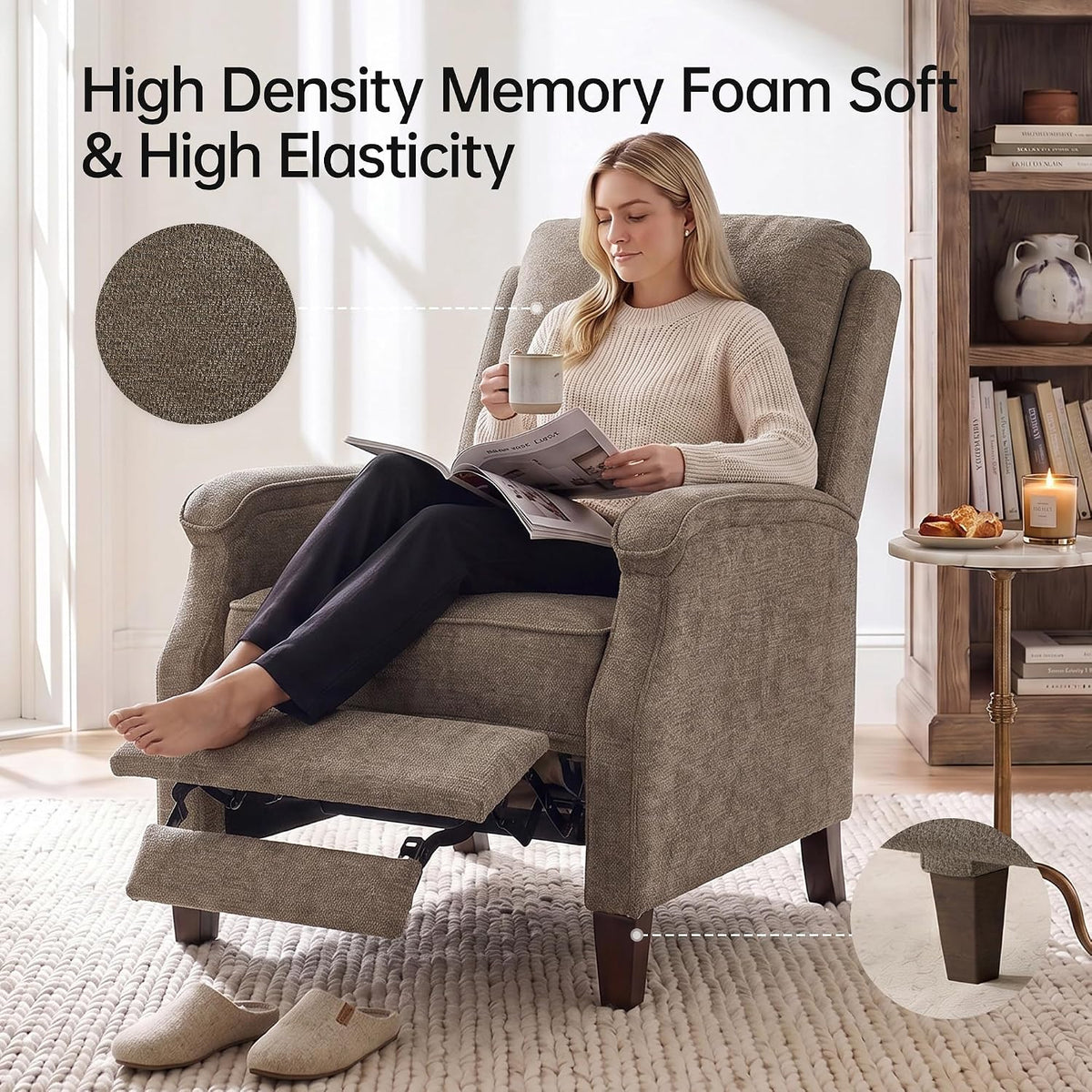 VKNOW Recliner Chair, Fabric Recliner with Adjustable Back, Brown