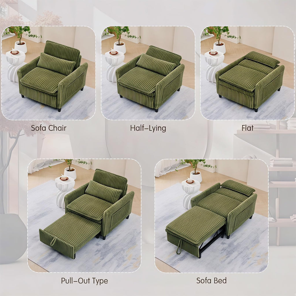 32" Convertible Sofa Chair Bed, 3âinâ1 Pullâout Sleeper Chair with Corduroy Fabric, Adjustable Backrest & Side Storage Pockets, SpaceâSaving Design for Living Room, Apartment, Bedroom (Yellow)