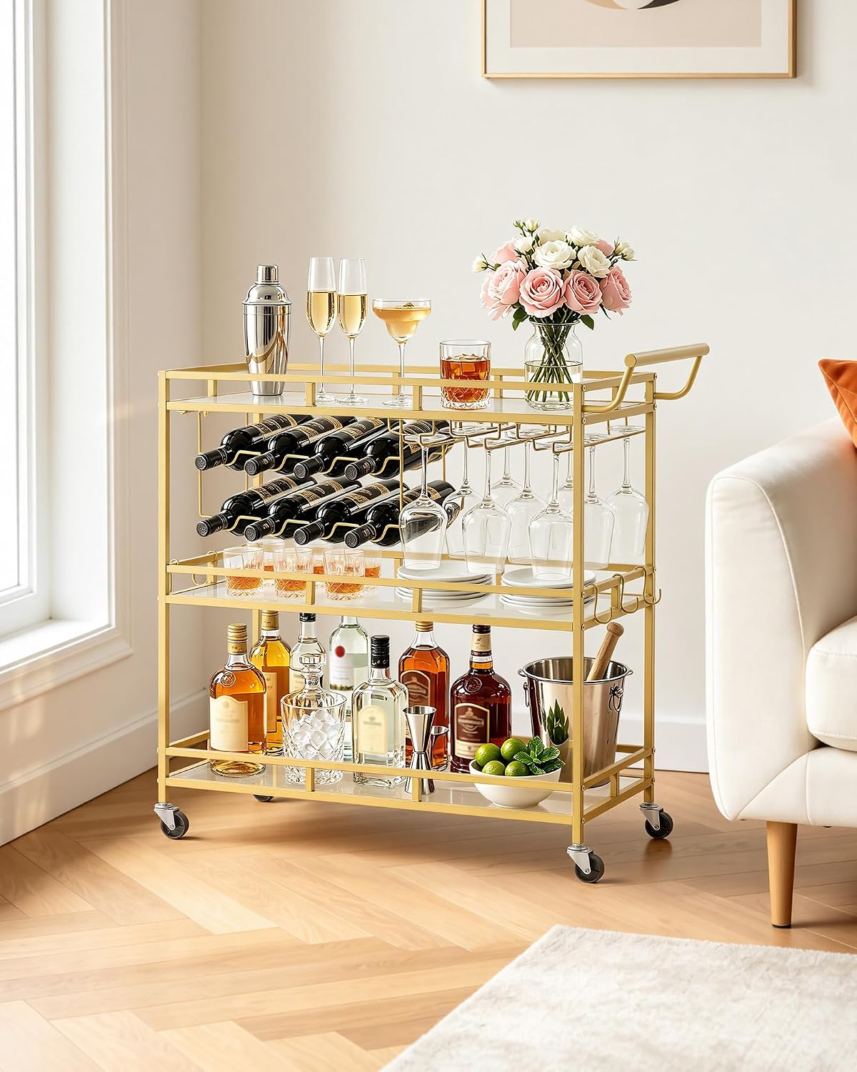 VEVOR Bar Cart, 3 Tiers Home Kitchen Serving Carts, Modern Rolling Utility Station on Wheels, Drink Beverage Trolley with Tempered Glass Shelves, Wine Rack, Glass Holder, for Living Dining Room, Gold