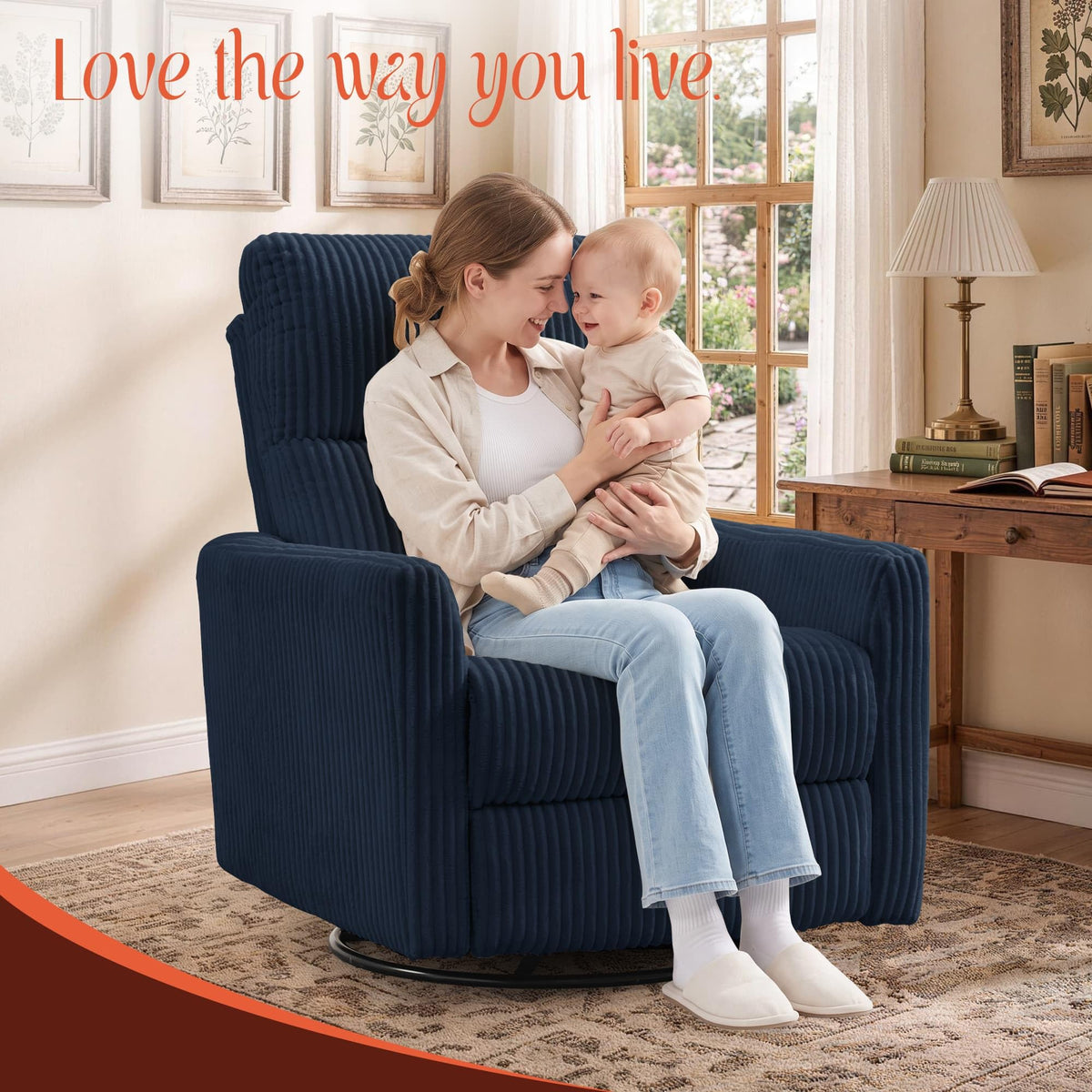 Korser 360Â° Swivel Glider Rocker Manual Recliner, High Back Corduroy Recliner with Curved Armrests, Beige Nursery Rocking Reclining Chair for Living Room Bedroom Adults