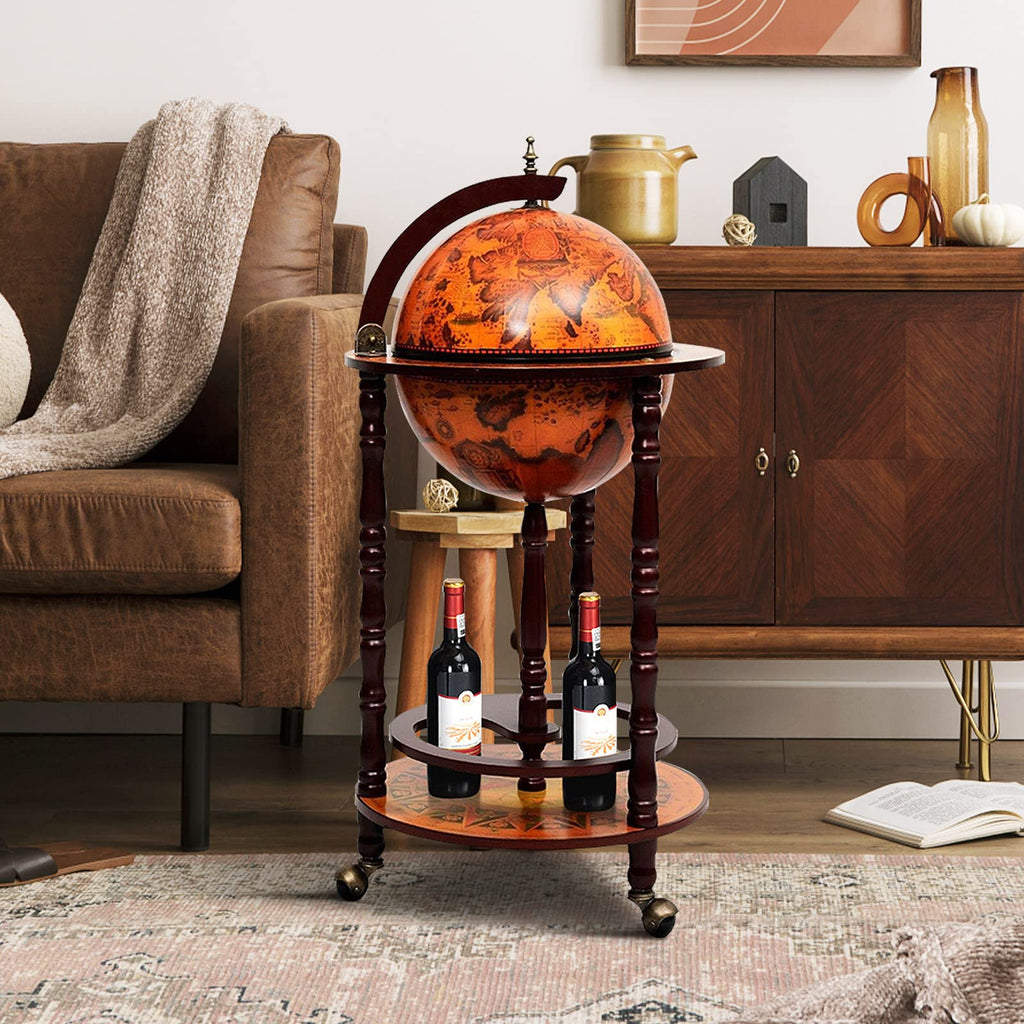 Goplus Globe Bar, 17.5â Globe Bar Liquor Cabinet with Wheels, Bottom Shelf, Old World Map, 16th Century Italian Replica Bar Globe, Retro Wine Stand, Globe Bar Cart for Dining Room Living Room Home