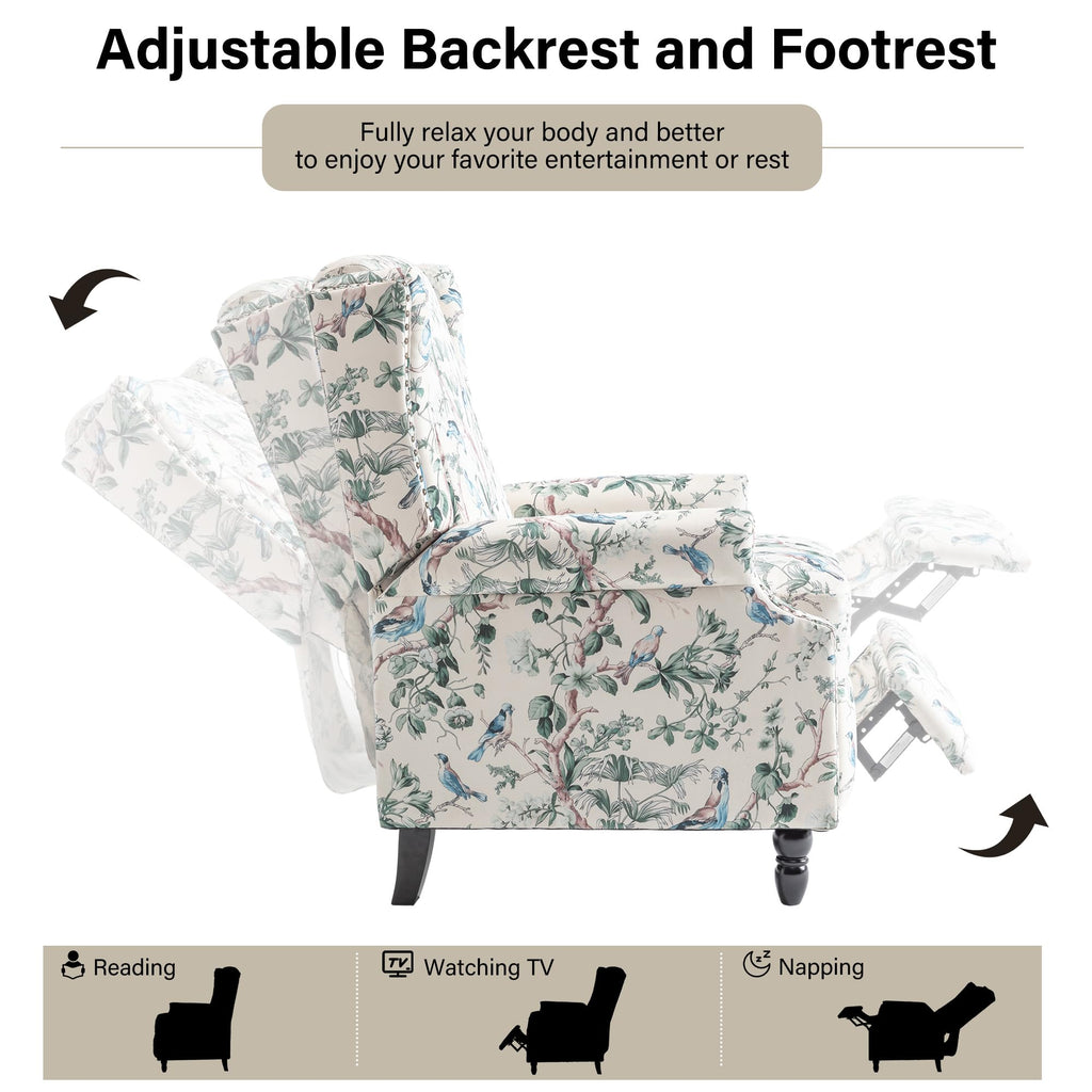Wingback Floral Pushback Recliner Chair, Plants Beige, Set of 2