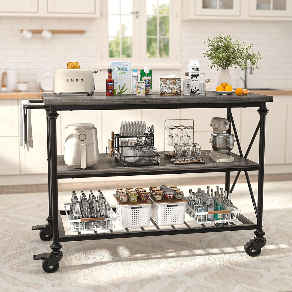 Homieasy Kitchen Island Cart with Wheels, 3-Tier Wood and Metal Rolling Kitchen Island Table with Pipe Legs, Storage Shelves & Lockable Casters for Kitchen Dining Room, Black Oak