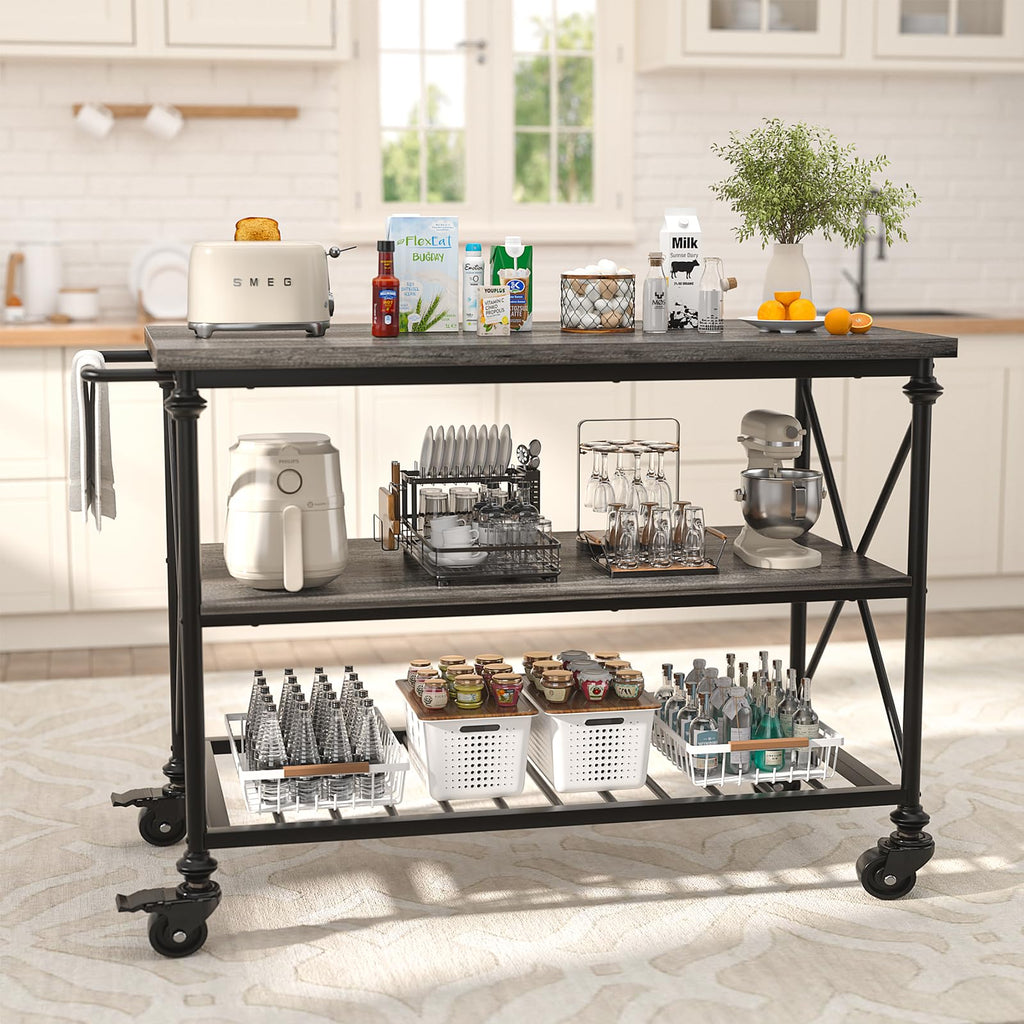 Homieasy Kitchen Island Cart with Wheels, 3-Tier Wood and Metal Rolling Kitchen Island Table with Pipe Legs, Storage Shelves & Lockable Casters for Kitchen Dining Room, Black Oak