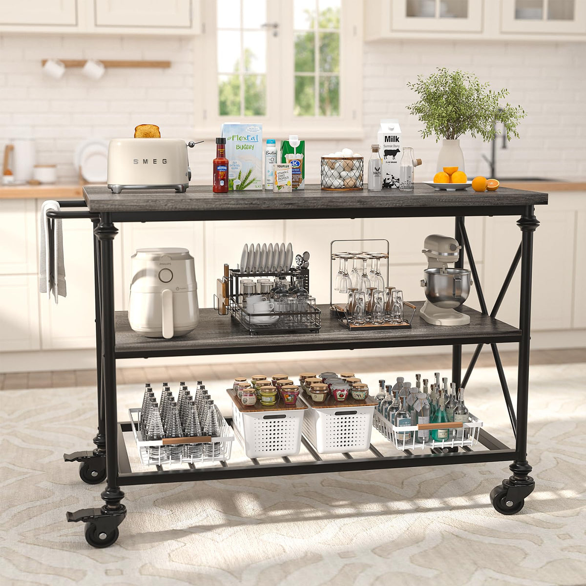 Homieasy Kitchen Island Cart with Wheels, 3-Tier Wood and Metal Rolling Kitchen Island Table with Pipe Legs, Storage Shelves & Lockable Casters for Kitchen Dining Room, Black Oak