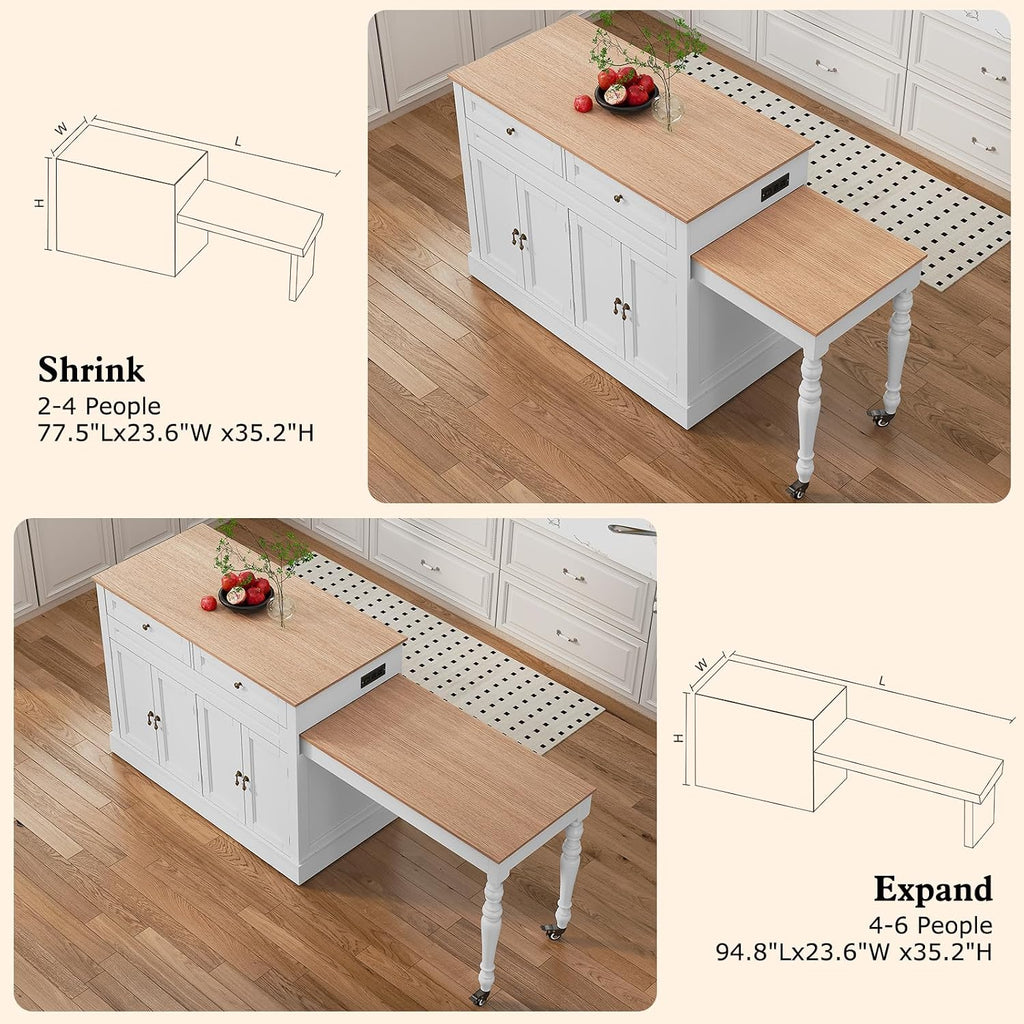 HLR 94.8" Kitchen Island with Extendable Table & Power Outlet, White