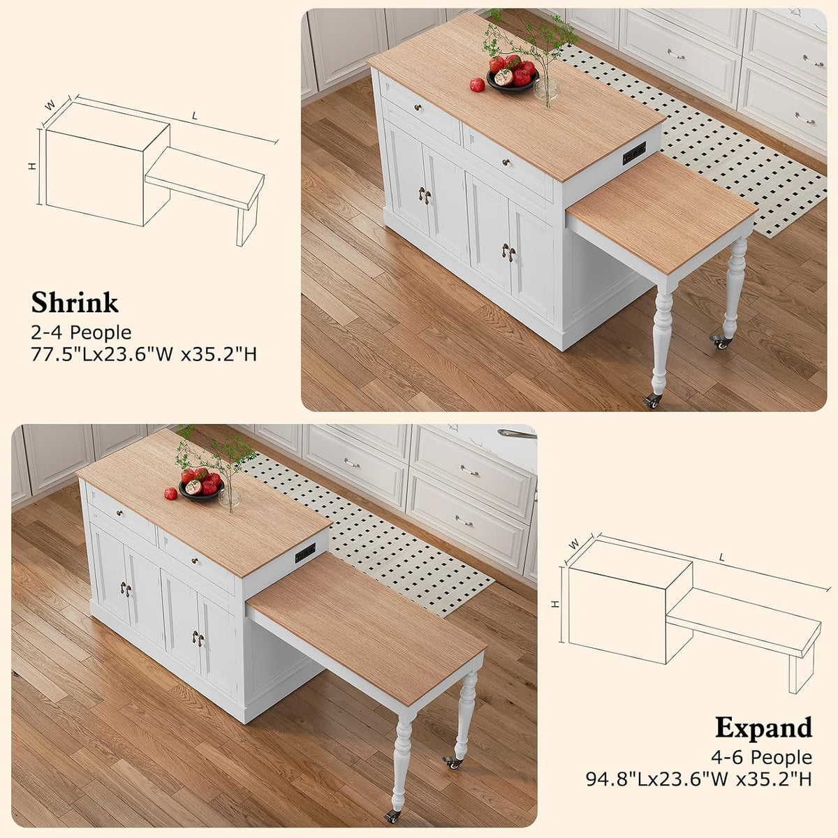 HLR 94.8" Kitchen Island with Extendable Table & Power Outlet, White