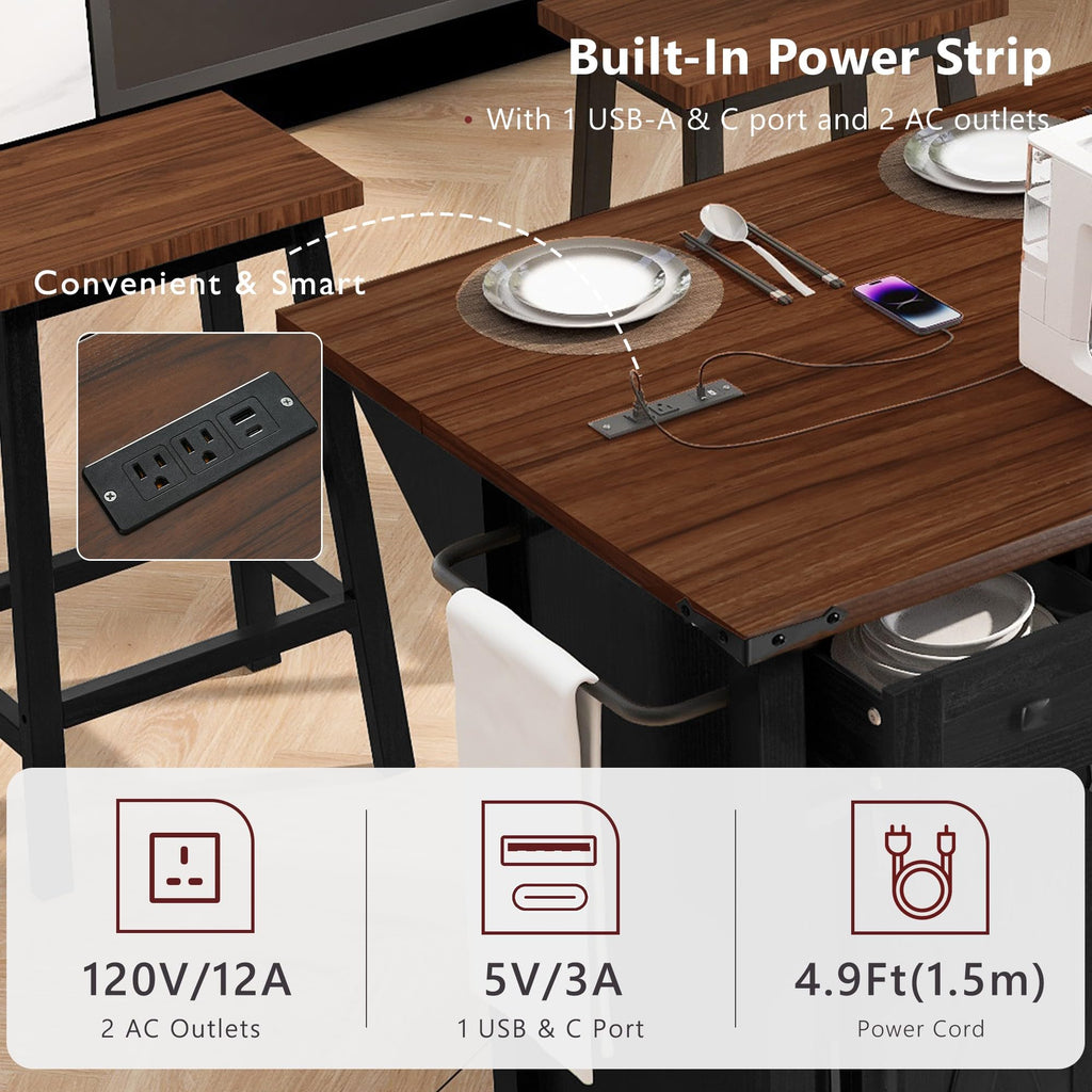 53" Large Kitchen Island with Drop Leaf & Power Outlet, Rolling Kitchen Cart on 5 Wheels with Internal Door Storage Rack, 5 Open Side Racks, 3 Drawers, 2 Doors for Kitchen Dining Room