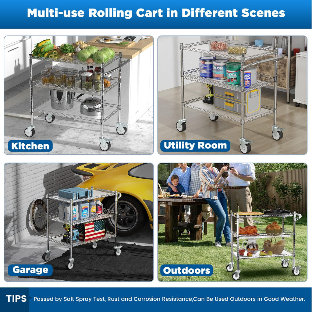 Leteuke 3 Tier Rolling Carts with Wheels, Heavy Duty Rolling Utility Cart